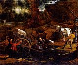 Horses Canvas Paintings - Figures With A Cart And Horses Fording A Stream